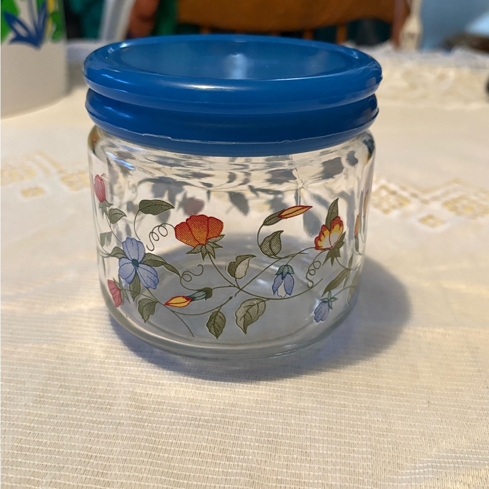 Vintage Floral Glass Jar with Blue Lid